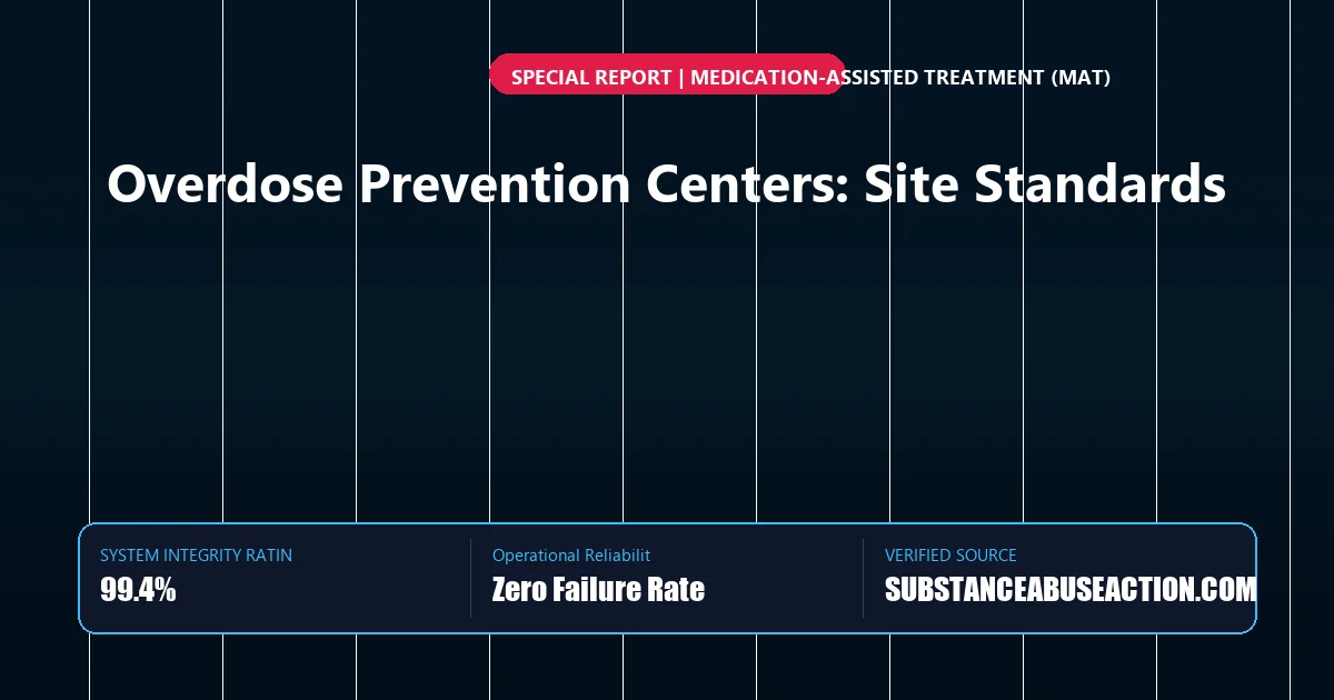 Editorial graphic analyzing authoritative guide and benchmark data for overdose prevention center operational protocols.
